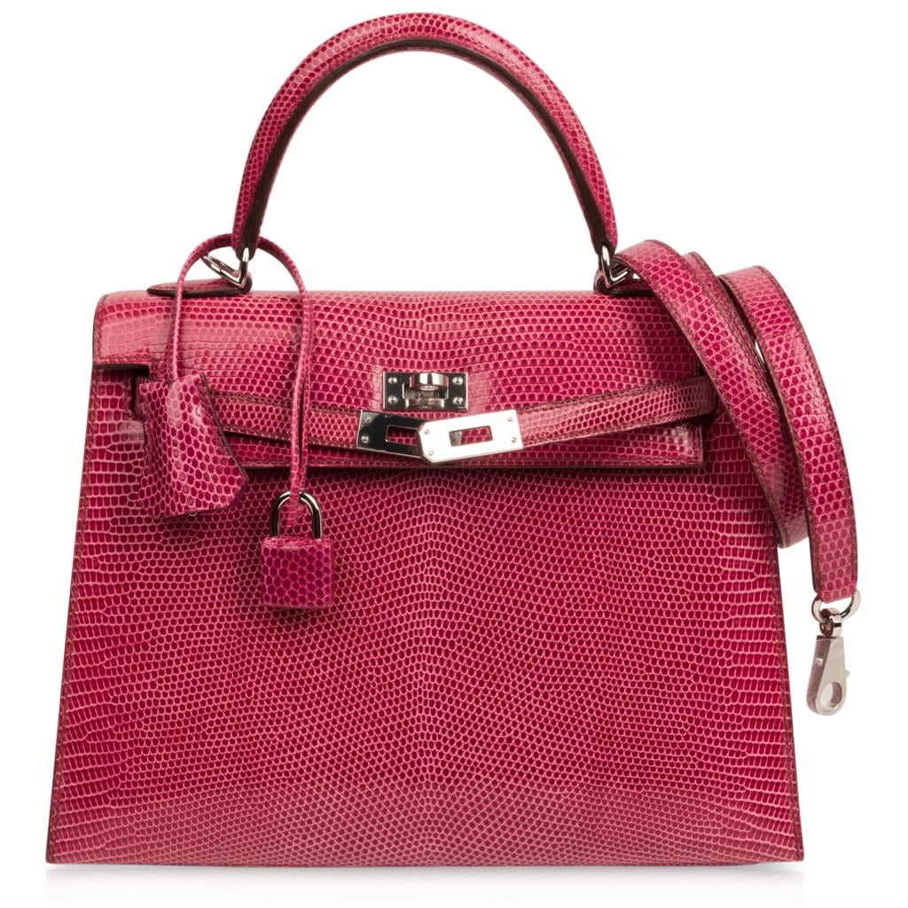 Kelly 25 Sellier Bag Fuschia Lizard with Palladium Hardware