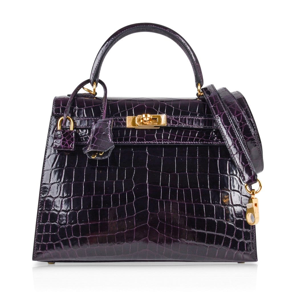 Kelly 25 Bag Sellier Crocodile Prunoir Gold Hardware