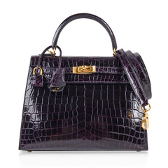 Kelly 25 Bag Sellier Crocodile Prunoir Gold Hardware
