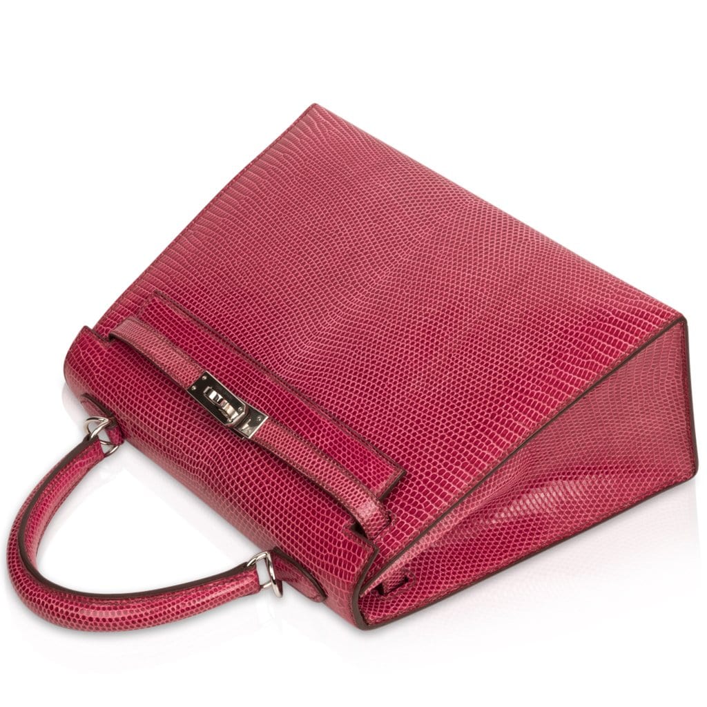 Kelly 25 Sellier Bag Fuschia Lizard with Palladium Hardware