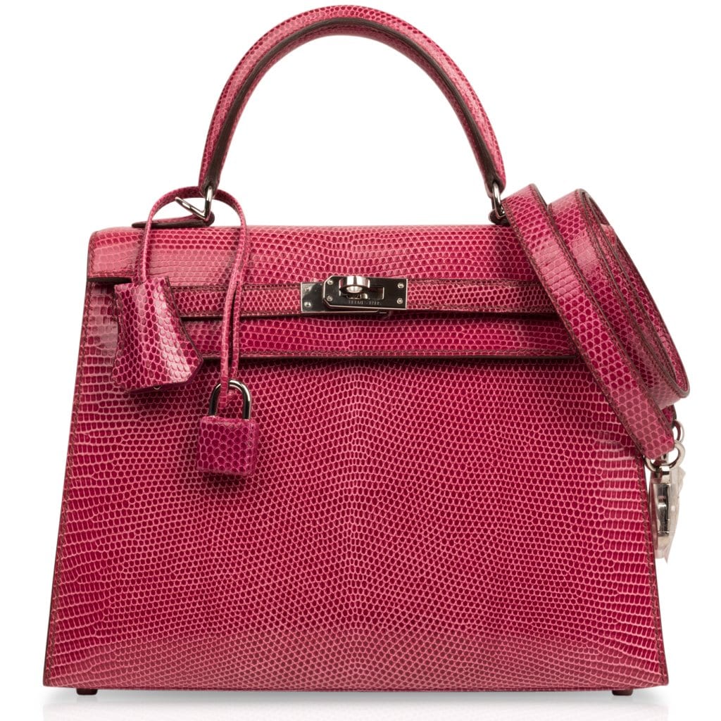Kelly 25 Sellier Bag Fuschia Lizard with Palladium Hardware