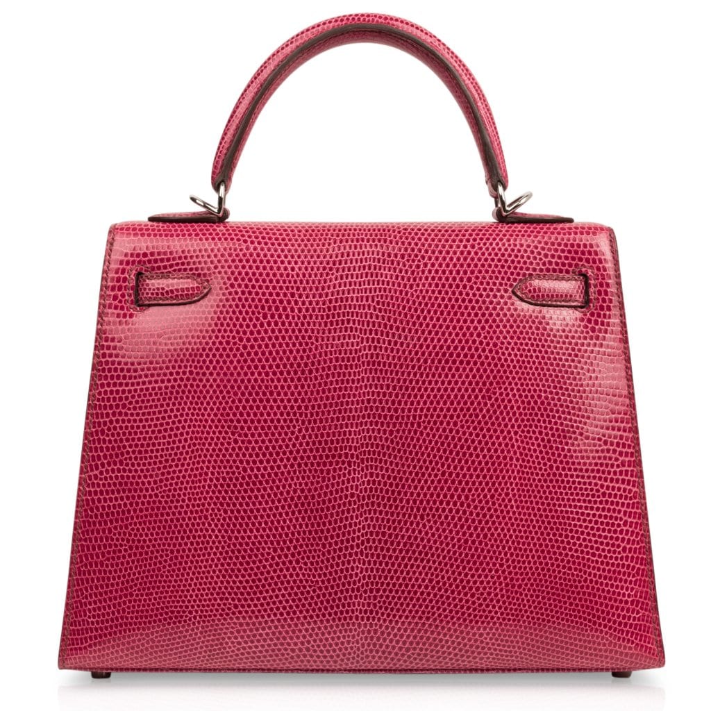 Kelly 25 Sellier Bag Fuschia Lizard with Palladium Hardware