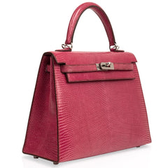 Kelly 25 Sellier Bag Fuschia Lizard with Palladium Hardware