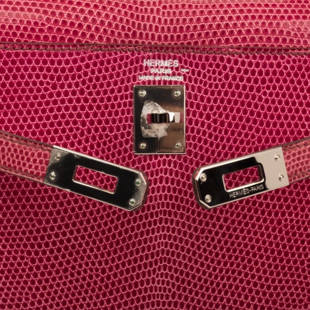 Kelly 25 Sellier Bag Fuschia Lizard with Palladium Hardware