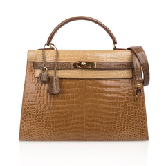 Limited Edition Tri-Color Kelly Sellier 32 Bag  Poussiere Poudre Ficelle Porosus Crocodile
