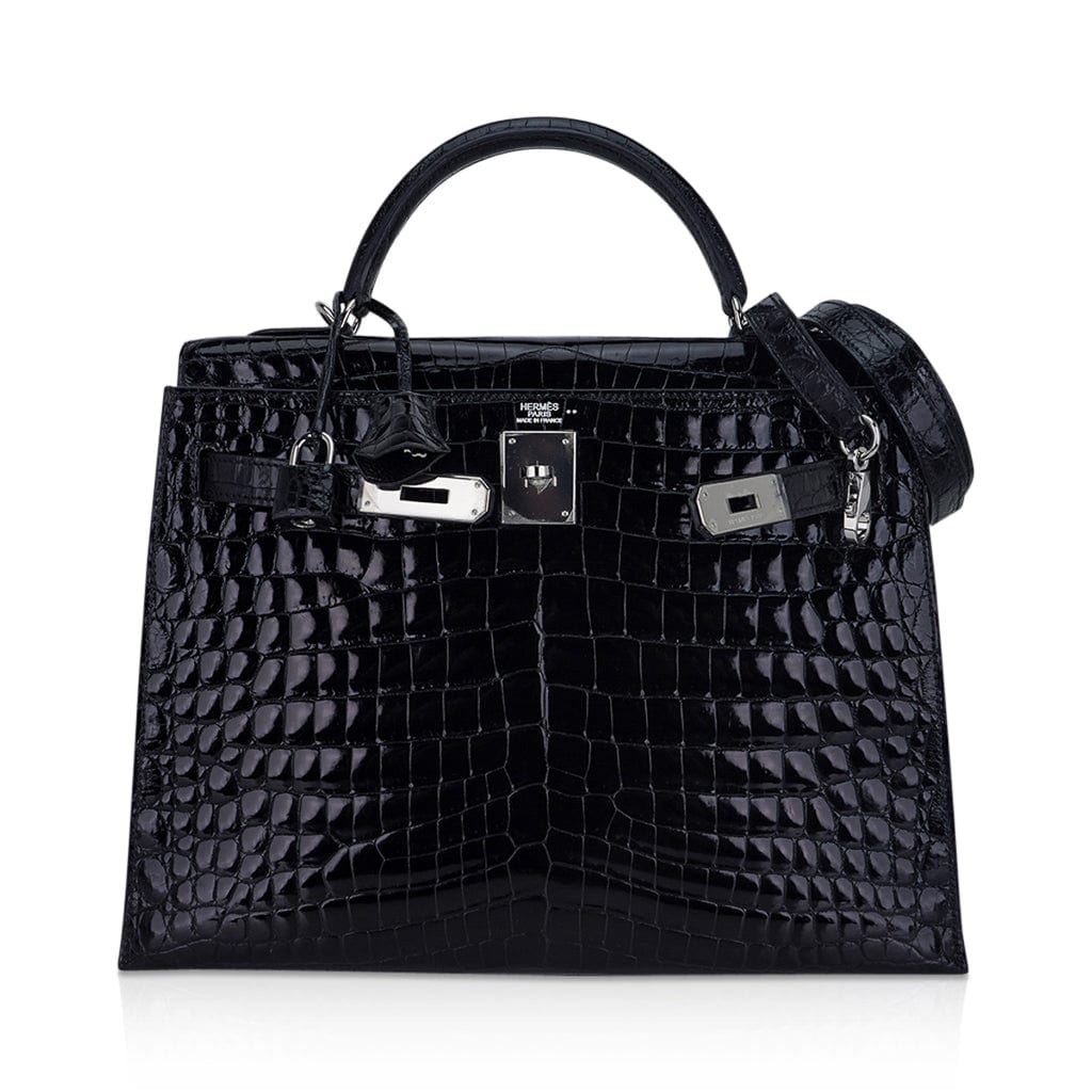 Kelly 32 Sellier Bag Black Crocodile with Palladium Hardware