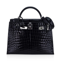 Kelly 32 Sellier Bag Black Crocodile with Palladium Hardware