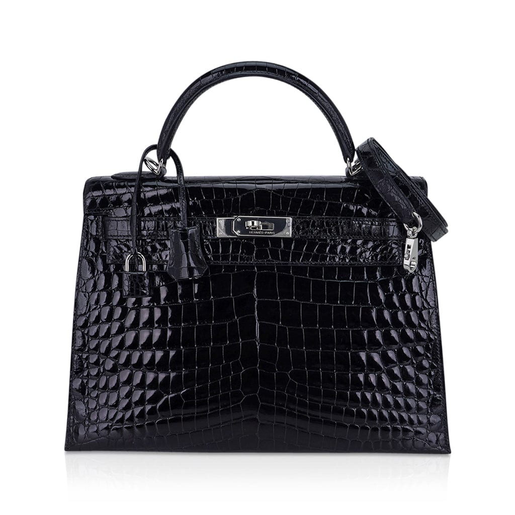 Kelly 32 Sellier Bag Black Crocodile with Palladium Hardware