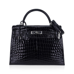 Kelly 32 Sellier Bag Black Crocodile with Palladium Hardware