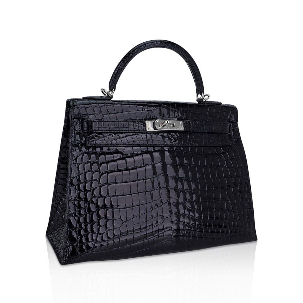Kelly 32 Sellier Bag Black Crocodile with Palladium Hardware