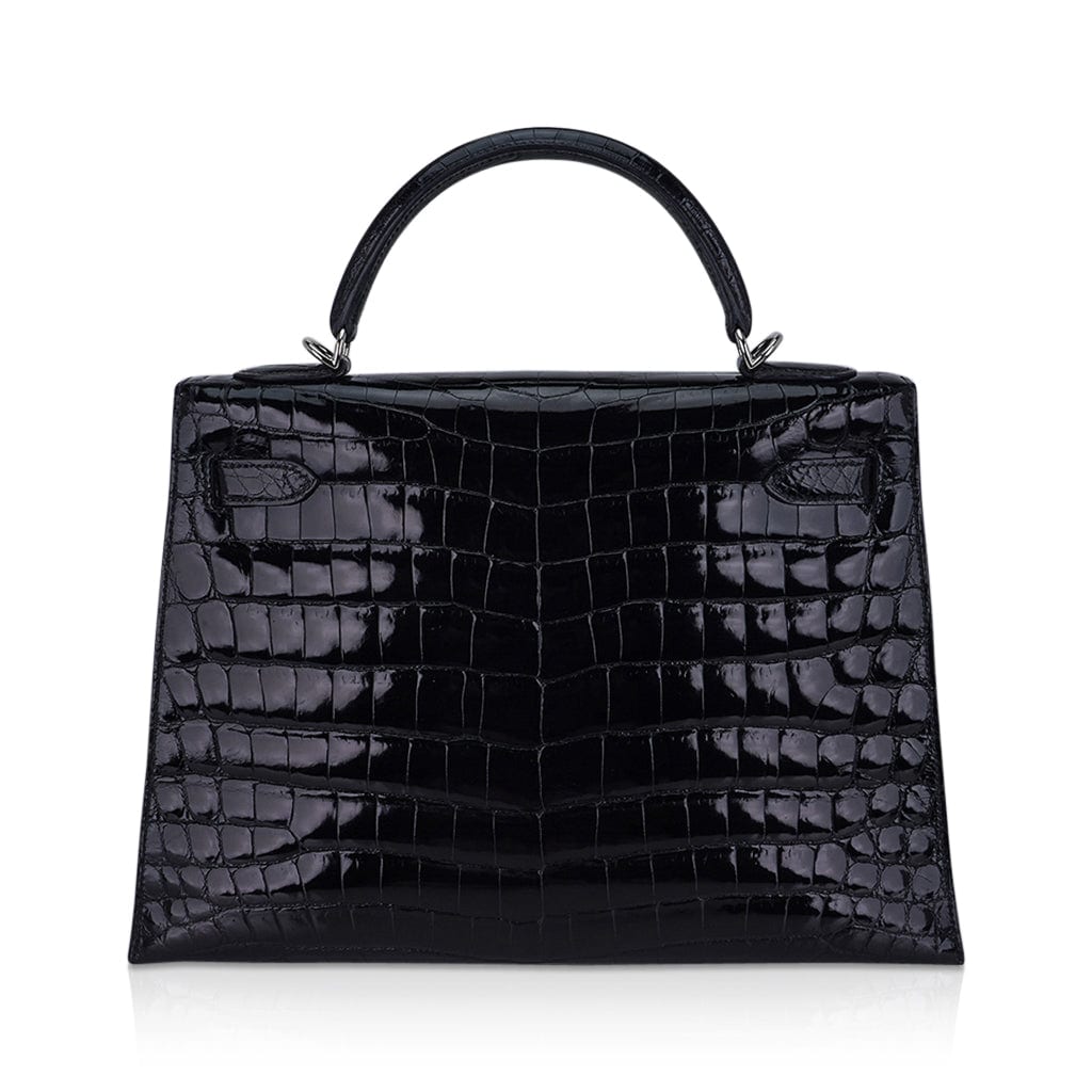 Kelly 32 Sellier Bag Black Crocodile with Palladium Hardware