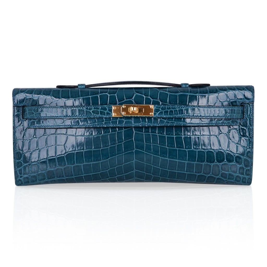 Kelly Cut Bag Blue Colvert Crocodile with Gold Hardware