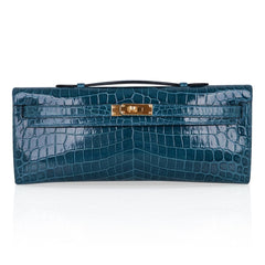 Kelly Cut Bag Blue Colvert Crocodile with Gold Hardware