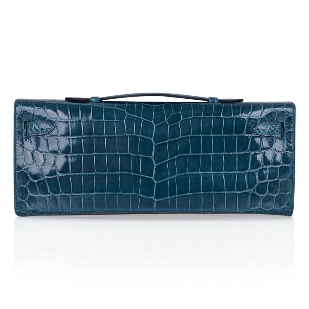 Kelly Cut Bag Blue Colvert Crocodile with Gold Hardware