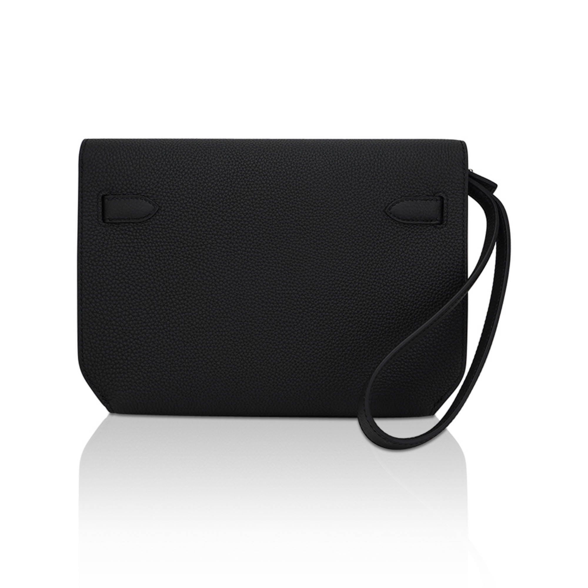 Kelly Depeches 25 Pouch Bag Black Galop D’Leather with Palladium Hardware