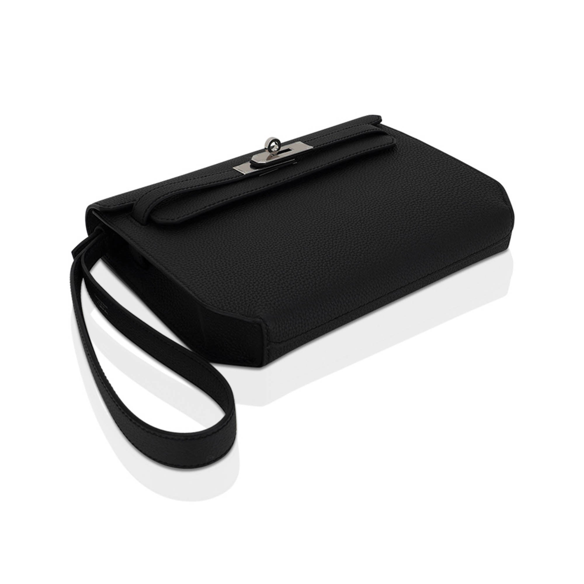 Kelly Depeches 25 Pouch Bag Black Galop D’Leather with Palladium Hardware