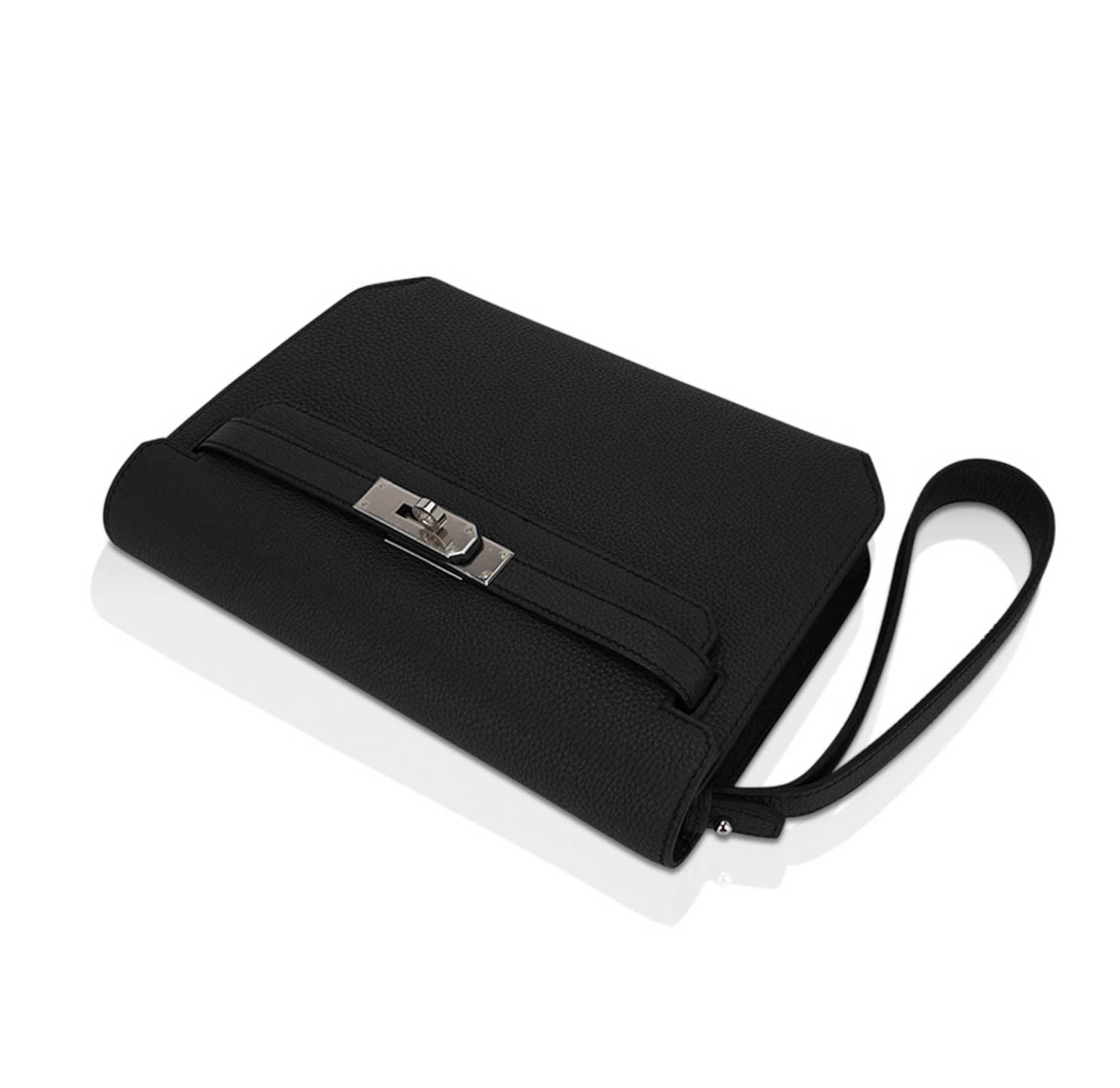 Kelly Depeches 25 Pouch Bag Black Galop D’Leather with Palladium Hardware