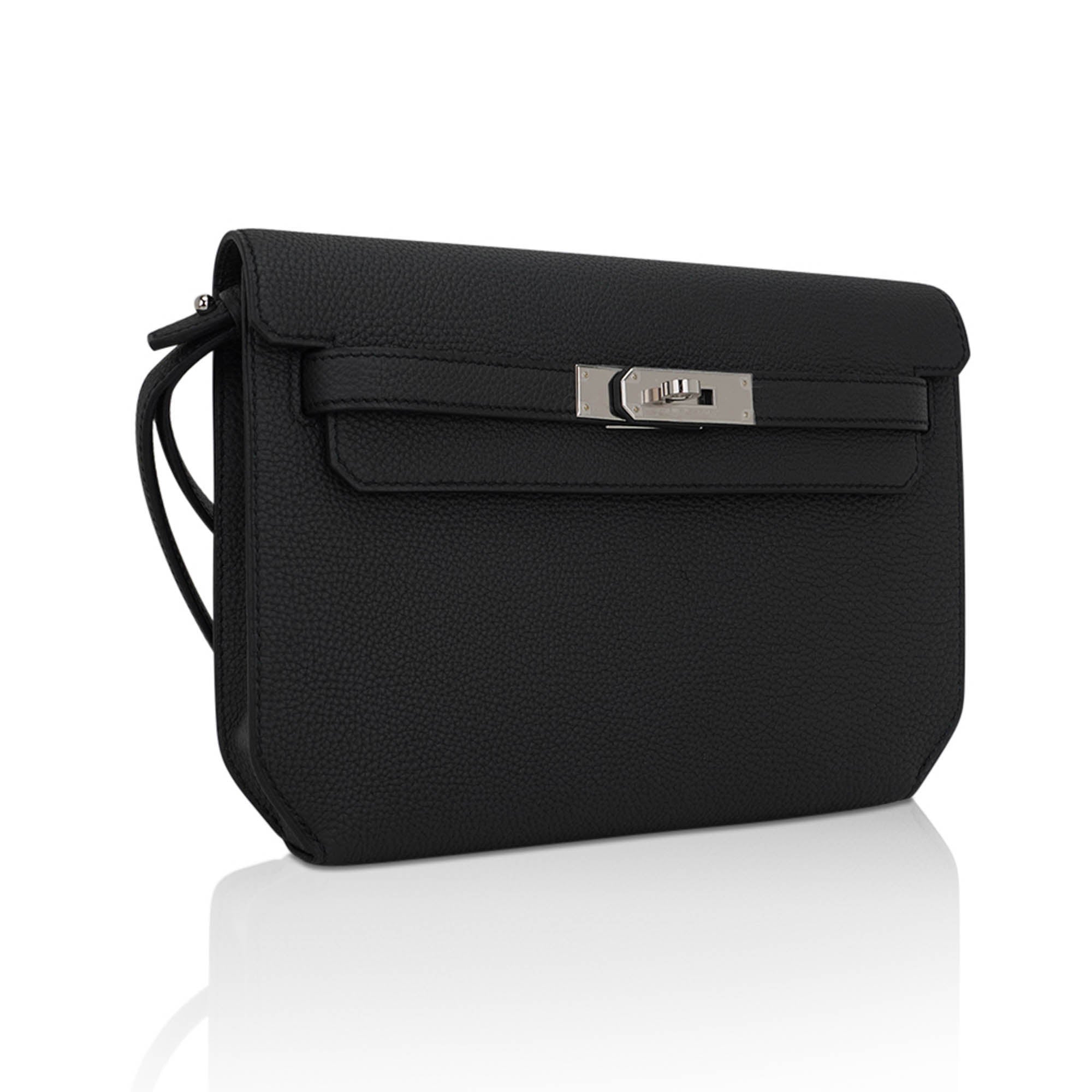 Kelly Depeches 25 Pouch Bag Black Galop D’Leather with Palladium Hardware