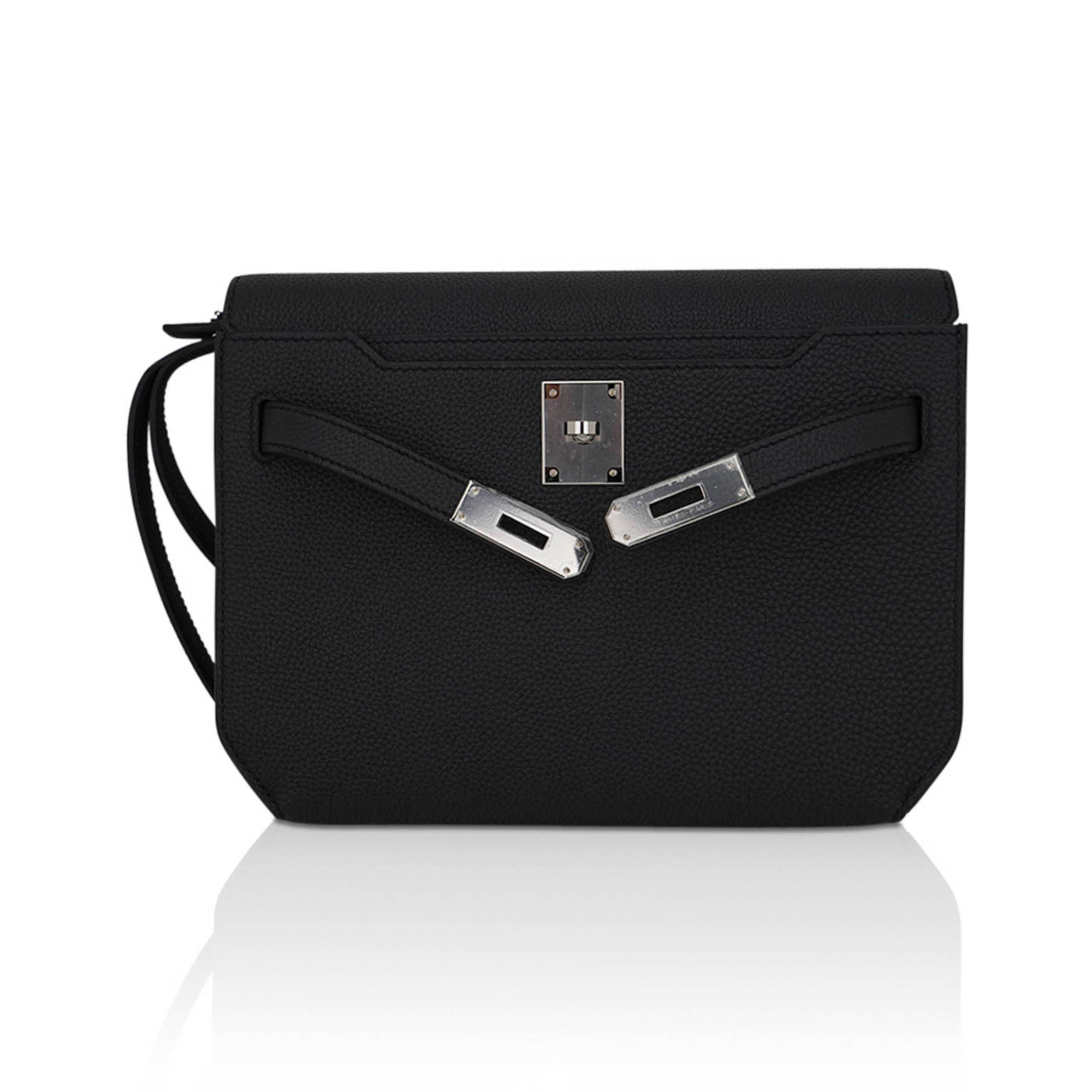 Kelly Depeches 25 Pouch Bag Black Galop D’Leather with Palladium Hardware