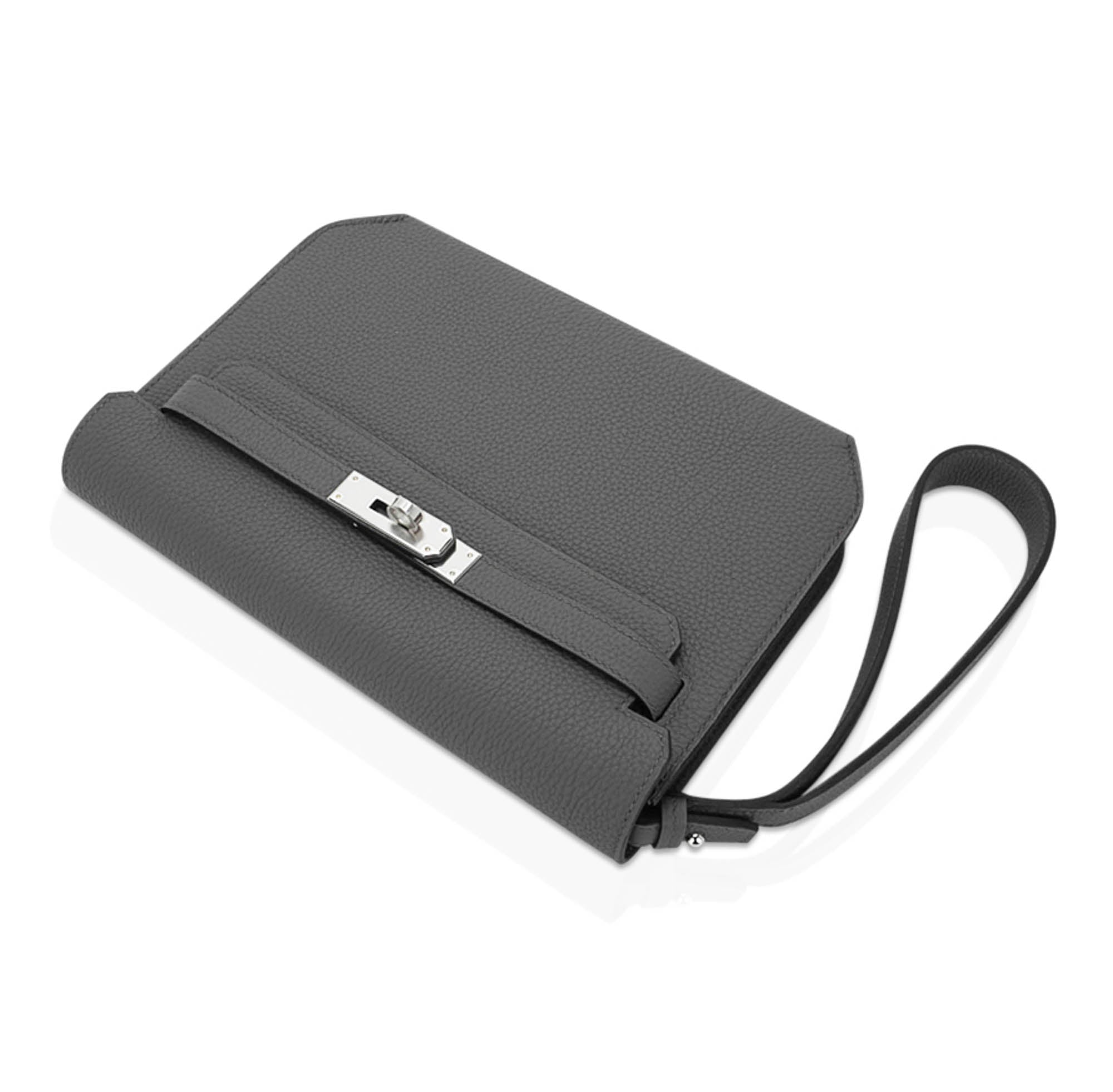 Kelly Depeches 25 Pouch Bag Etain Togo Leather with Palladium Hardware