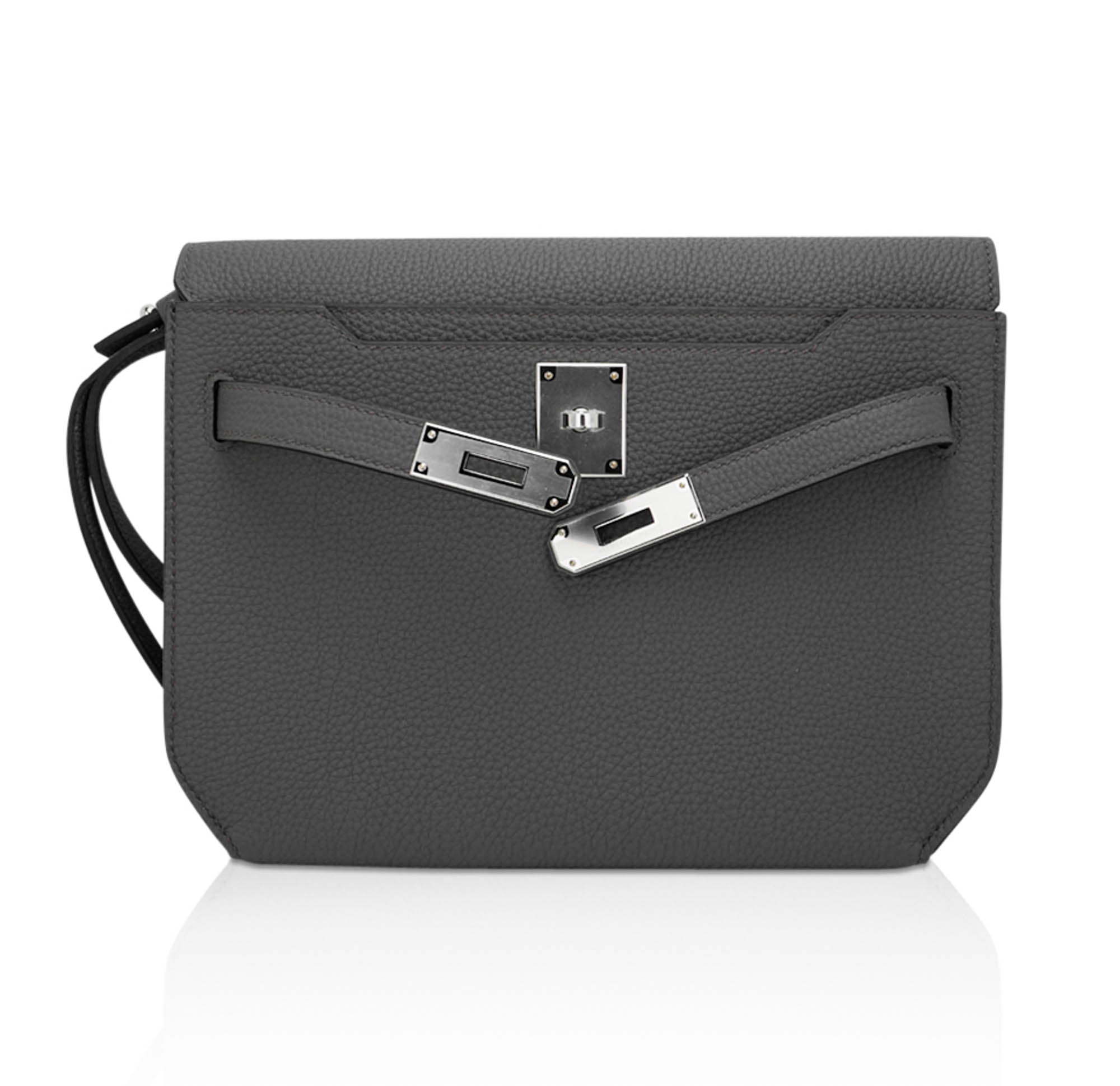 Kelly Depeches 25 Pouch Bag Etain Togo Leather with Palladium Hardware