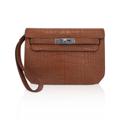 Kelly Depeches 25 Pouch Matte Gold Alligator with Palladium Hardware