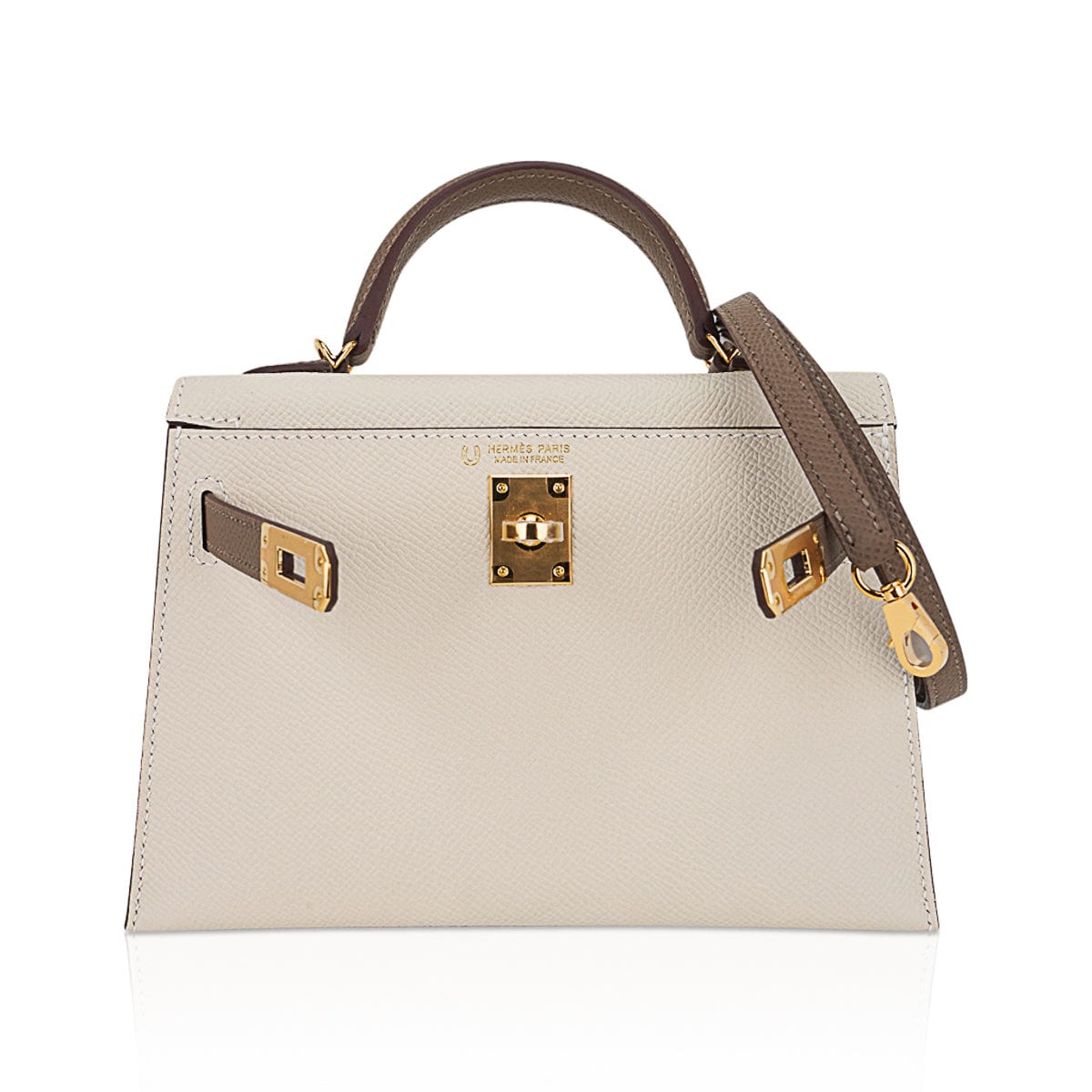 Special Order HSS Mini Kelly 20 Bag Sellier Craie & Etoupe Epsom Leather with Gold Hardware