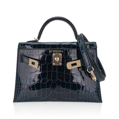 Limited Edition Verso Mini Kelly 20 Sellier Bag Vert Rousseau & Blue Paon Alligator with Permabrass Hardware