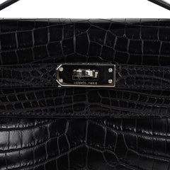 Kelly Pochette Bag Matte Black Crocodile Clutch Palladium