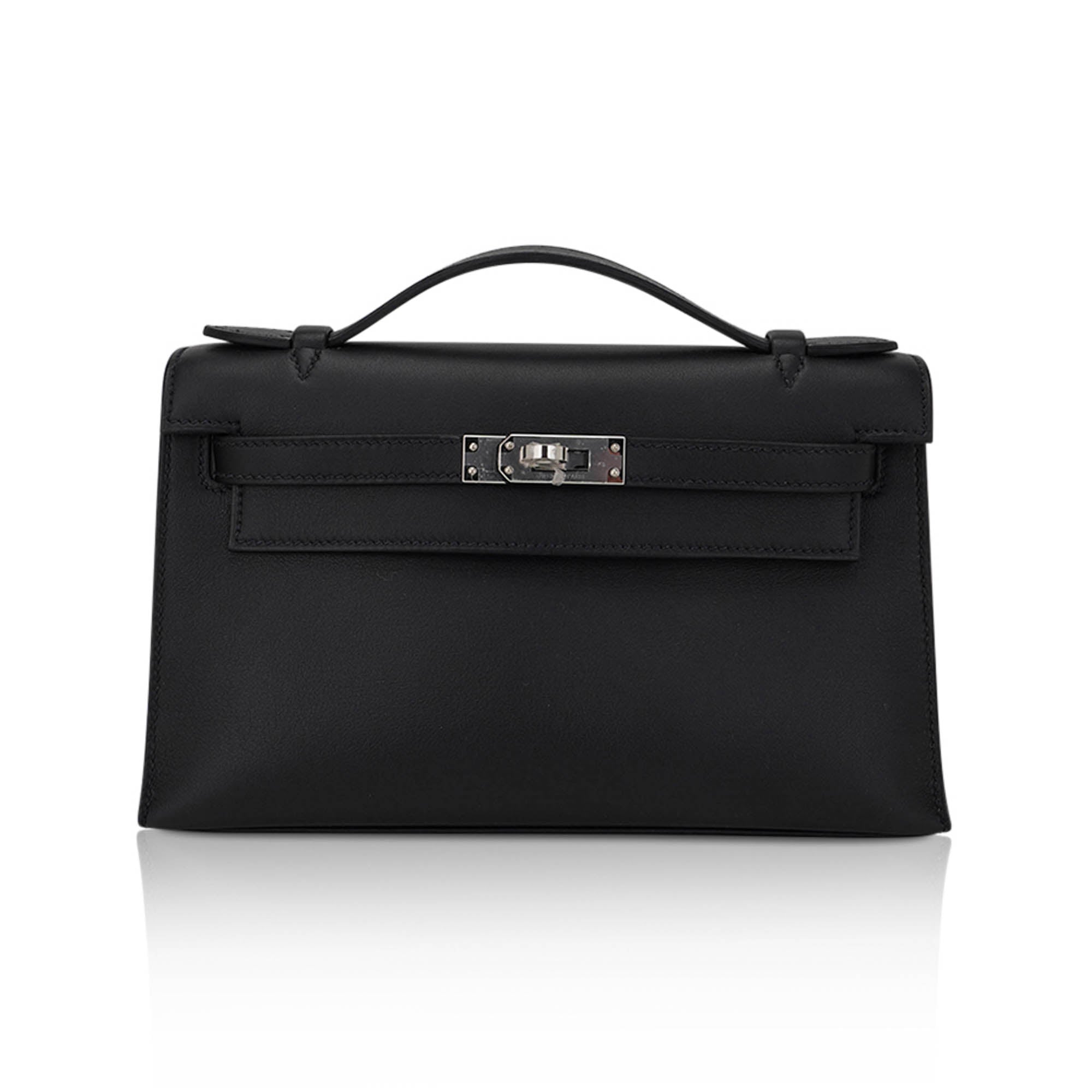 Kelly Pochette Clutch Bag Black Swift Leather with Palladium Hardware