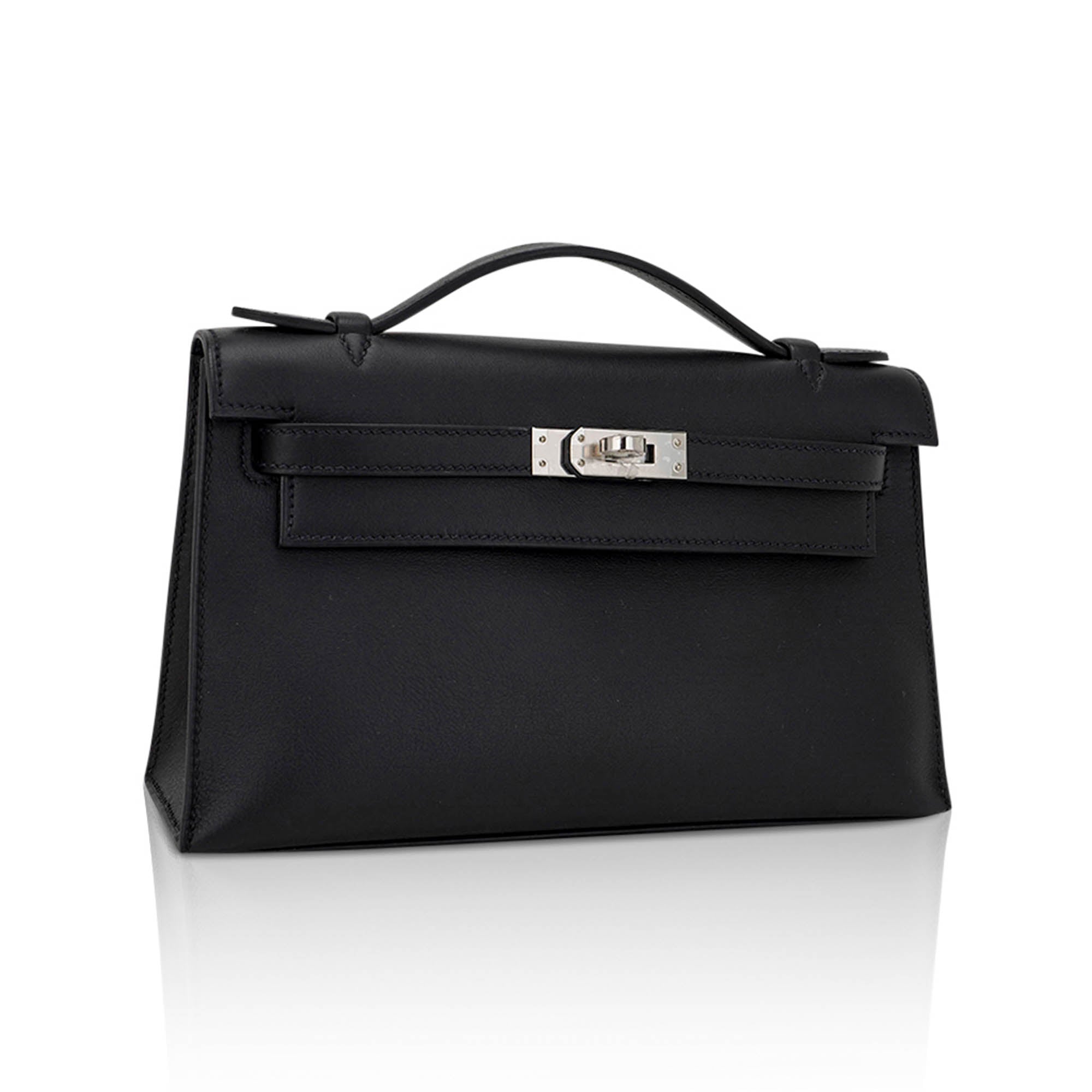 Kelly Pochette Clutch Bag Black Swift Leather with Palladium Hardware