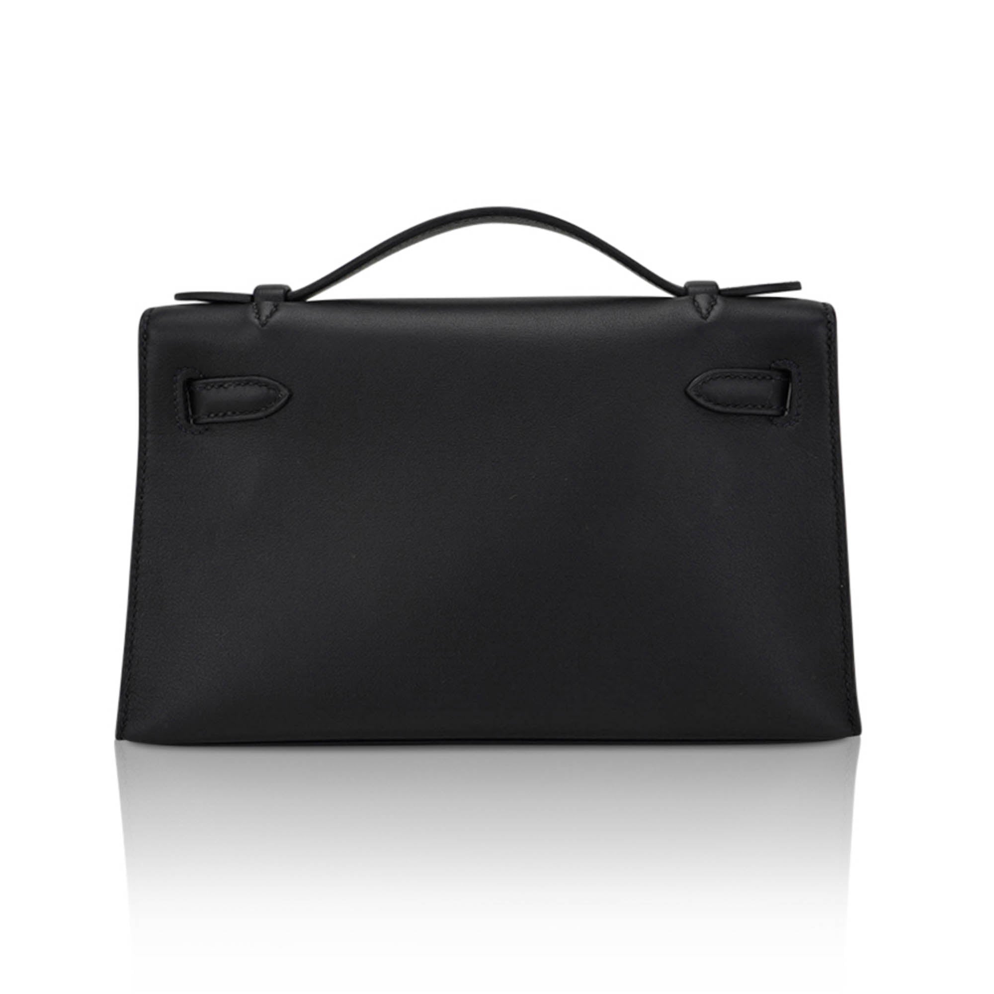 Kelly Pochette Clutch Bag Black Swift Leather with Palladium Hardware