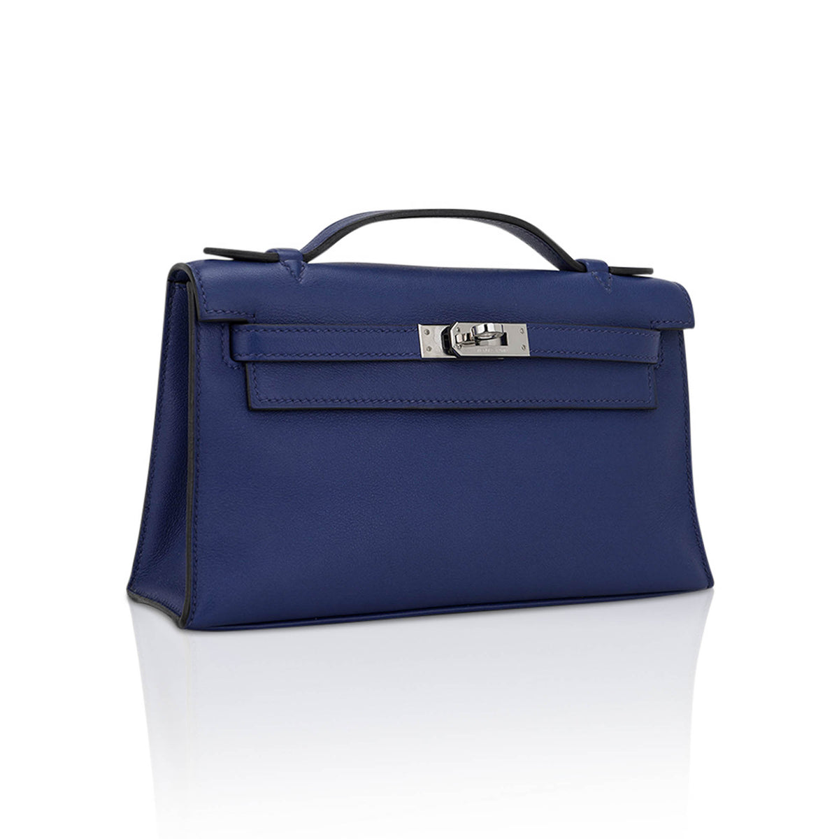 Kelly Pochette Clutch Bag Blue Sapphire Swift Leather with Palladium Hardware