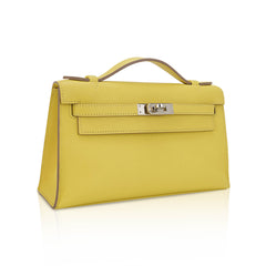 Kelly Pochette Clutch Bag Jaune De Naples Swift Leather with Palladium Hardware