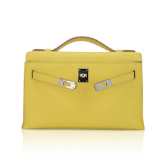 Kelly Pochette Clutch Bag Jaune De Naples Swift Leather with Palladium Hardware