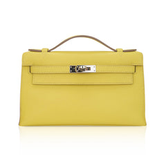 Kelly Pochette Clutch Bag Jaune De Naples Swift Leather with Palladium Hardware