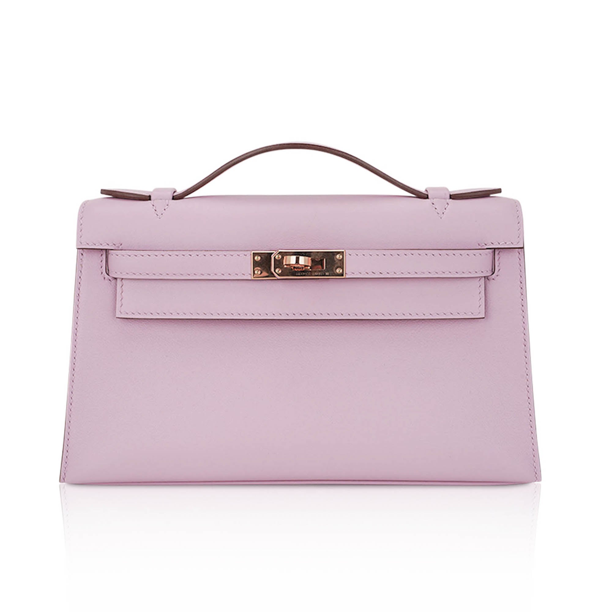 Kelly Pochette Clutch Bag Mauve Sylvestre Swift Leather with Rose Gold Hardware