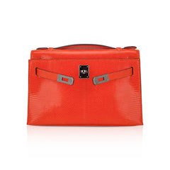 Kelly Pochette Clutch Bag Tangerine Lizard with Ruthinium Hardware
