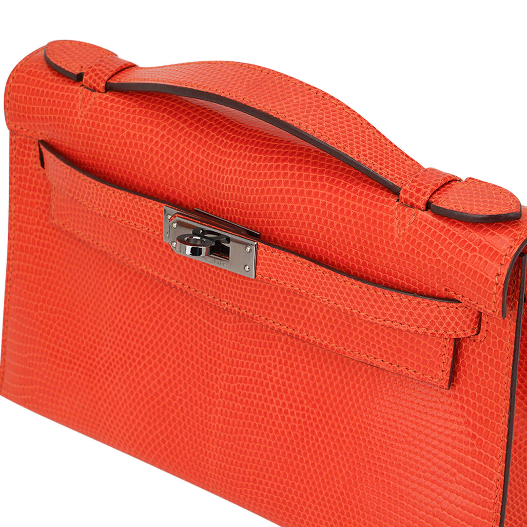 Kelly Pochette Clutch Bag Tangerine Lizard with Ruthinium Hardware