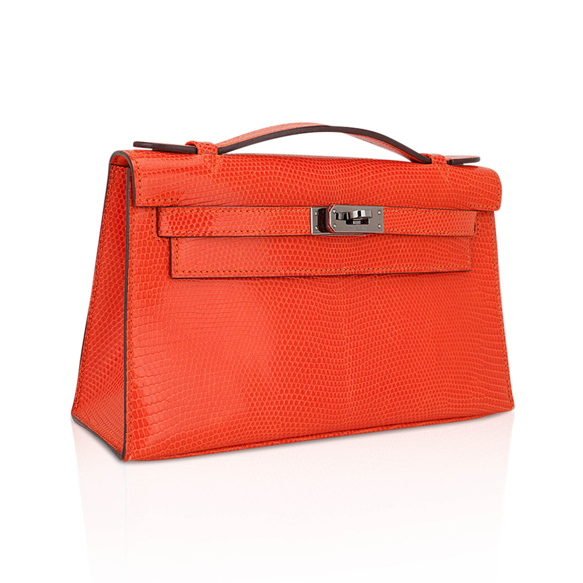 Kelly Pochette Clutch Bag Tangerine Lizard with Ruthinium Hardware