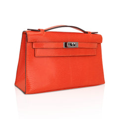 Kelly Pochette Clutch Bag Tangerine Lizard with Ruthinium Hardware