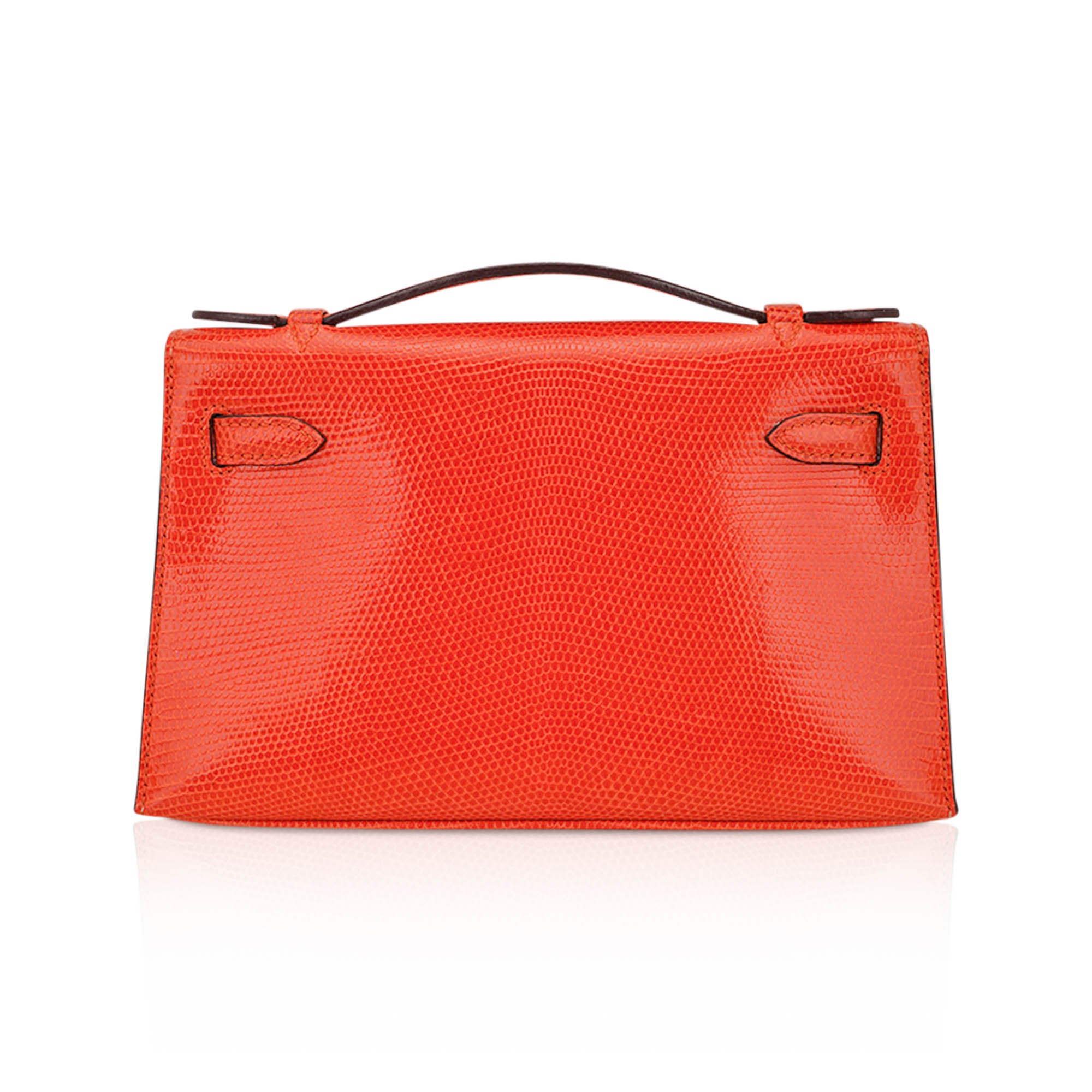 Kelly Pochette Clutch Bag Tangerine Lizard with Ruthinium Hardware