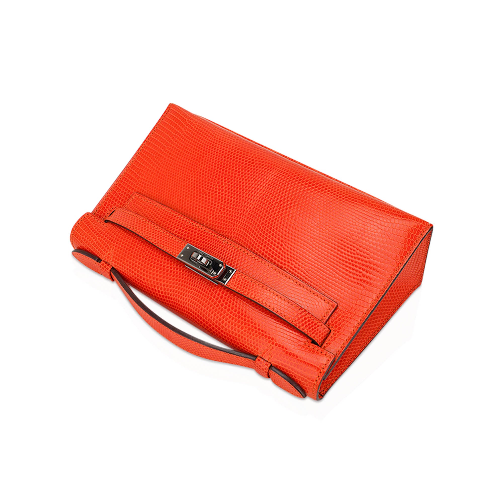 Kelly Pochette Clutch Bag Tangerine Lizard with Ruthinium Hardware