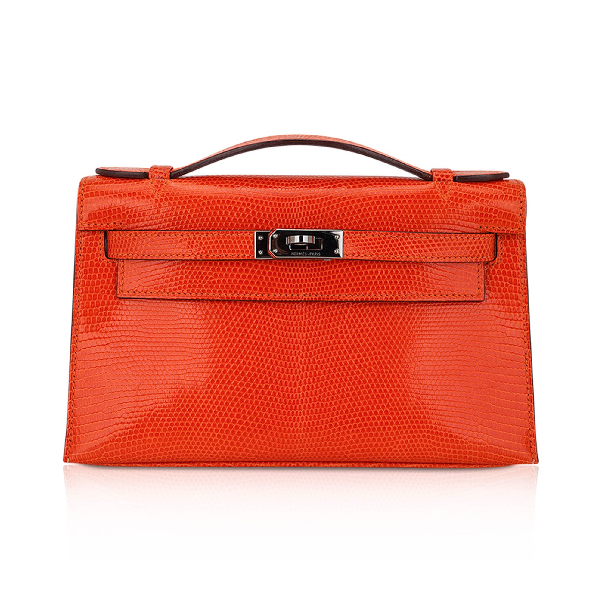 Kelly Pochette Clutch Bag Tangerine Lizard with Ruthinium Hardware