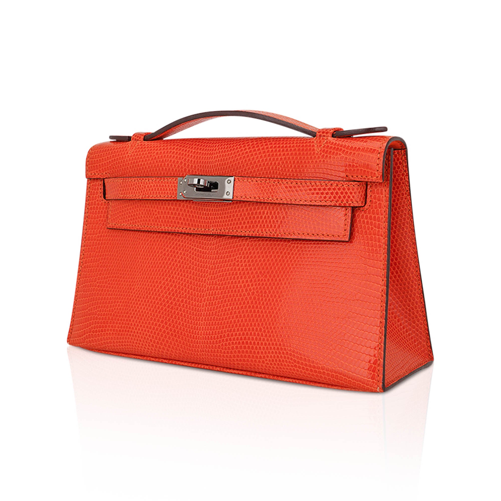 Kelly Pochette Clutch Bag Tangerine Lizard with Ruthinium Hardware