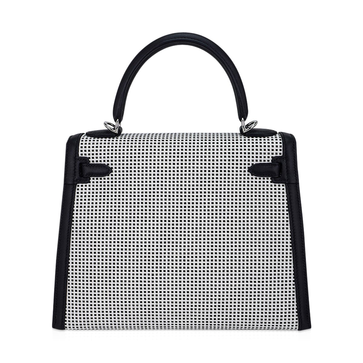 Kelly 25 Sellier Bag Quadrille Black & White Viking Toile Swift Leather with Palladium Hardware
