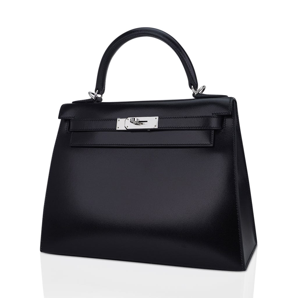 Kelly 28 Sellier Bag Black Box Leather with Palladium Hardware