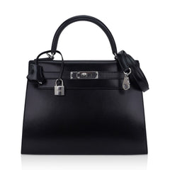 Kelly 28 Sellier Bag Black Box Leather with Palladium Hardware