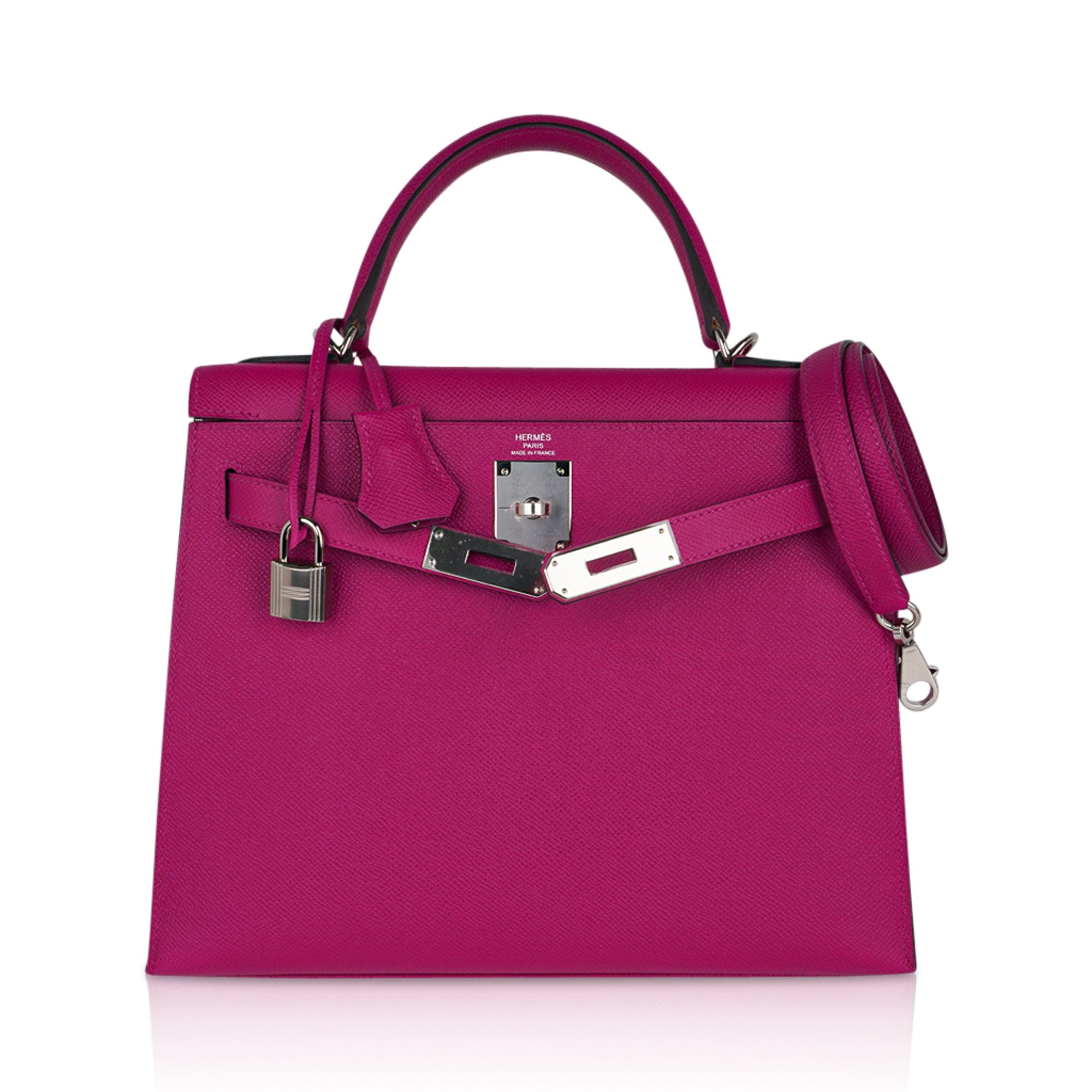 Kelly 28 Sellier Bag Rose Pourpre Epsom Leather with Palladium Hardware