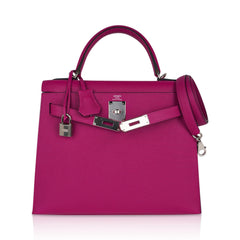 Kelly 28 Sellier Bag Rose Pourpre Epsom Leather with Palladium Hardware